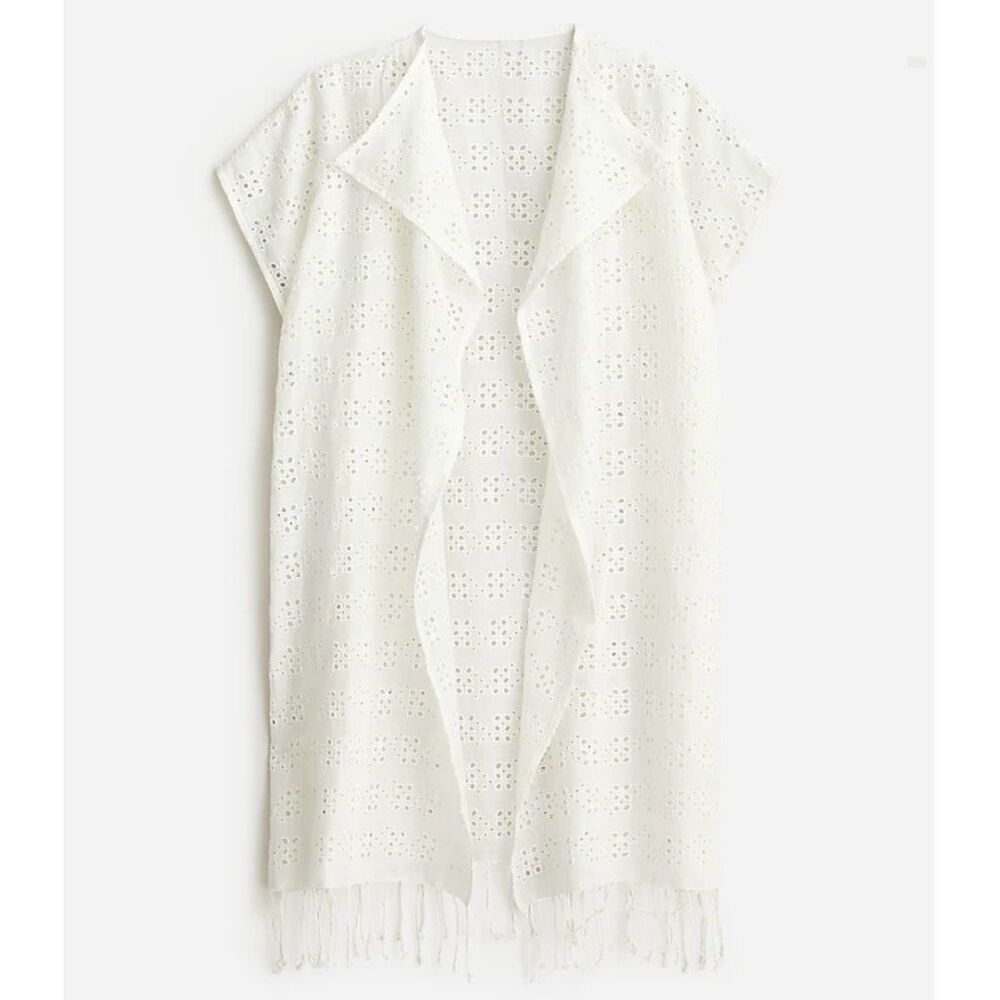 J. CREW | Black Label White Eyelet Fringe Poncho Wrap Kimono Open Front | OS